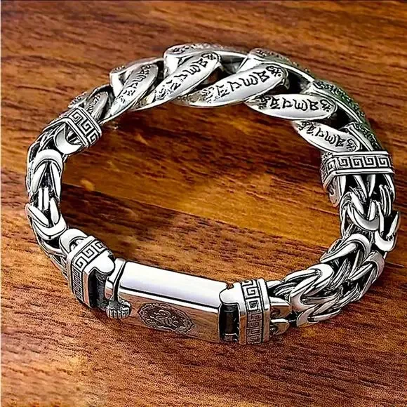Stainless Steel Chain Link Bracelet, Mantra, Curb Hand Woven Engraved Byzantine